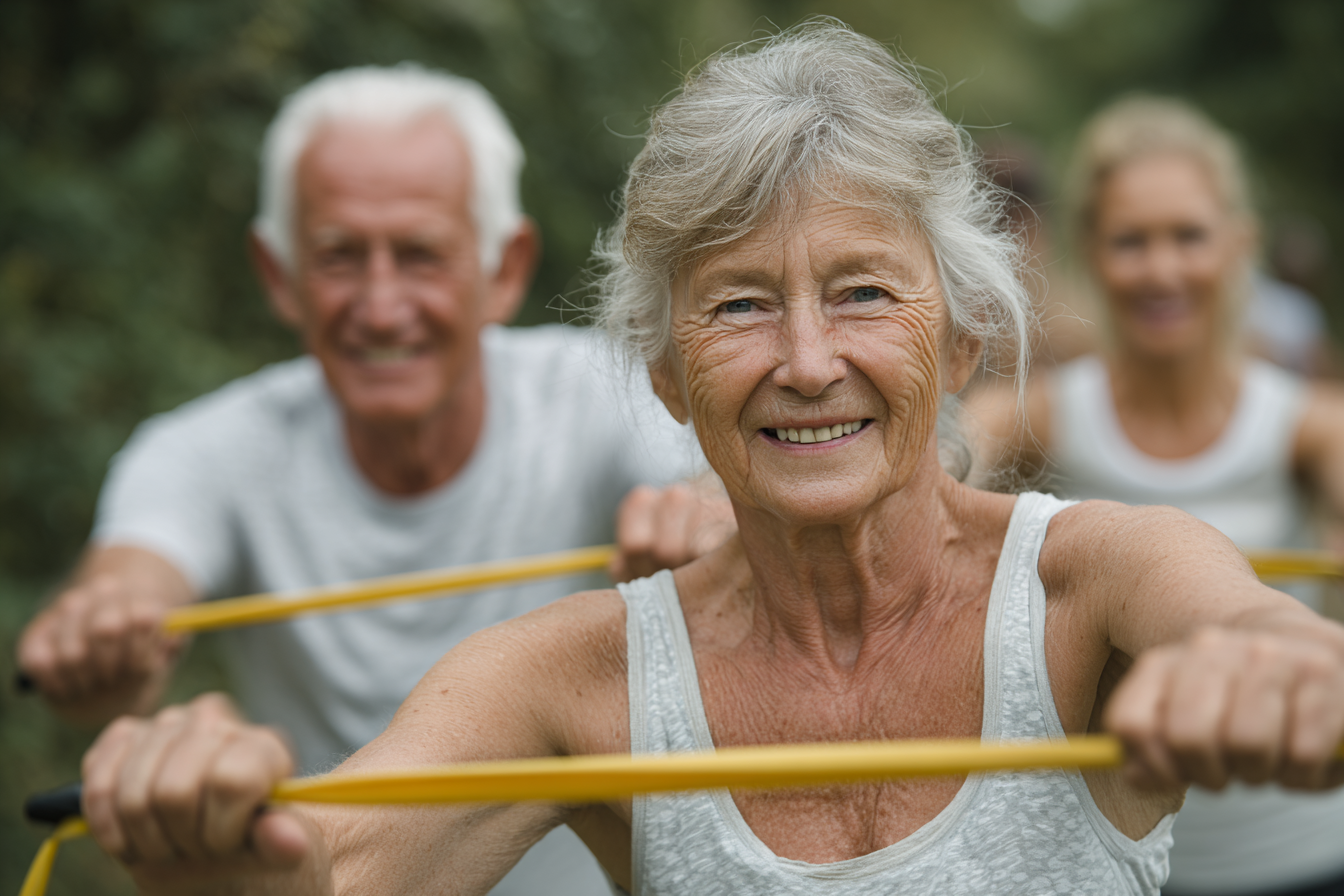 Група людей зрілого віку займається фітнесом на свіжому повітрі в парку