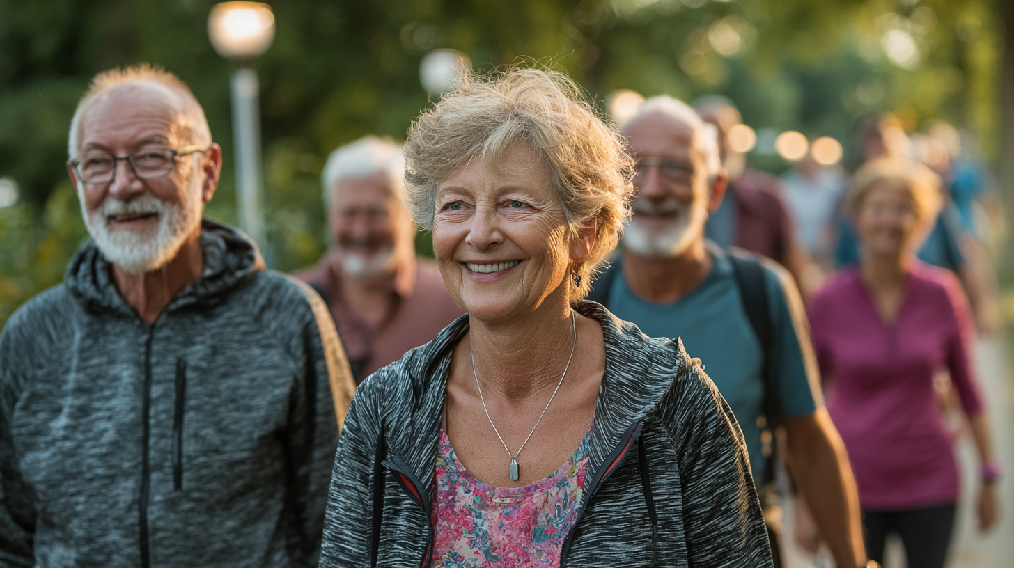 Тренер демонструє правильну техніку виконання вправ групі людей похилого віку в природному парку